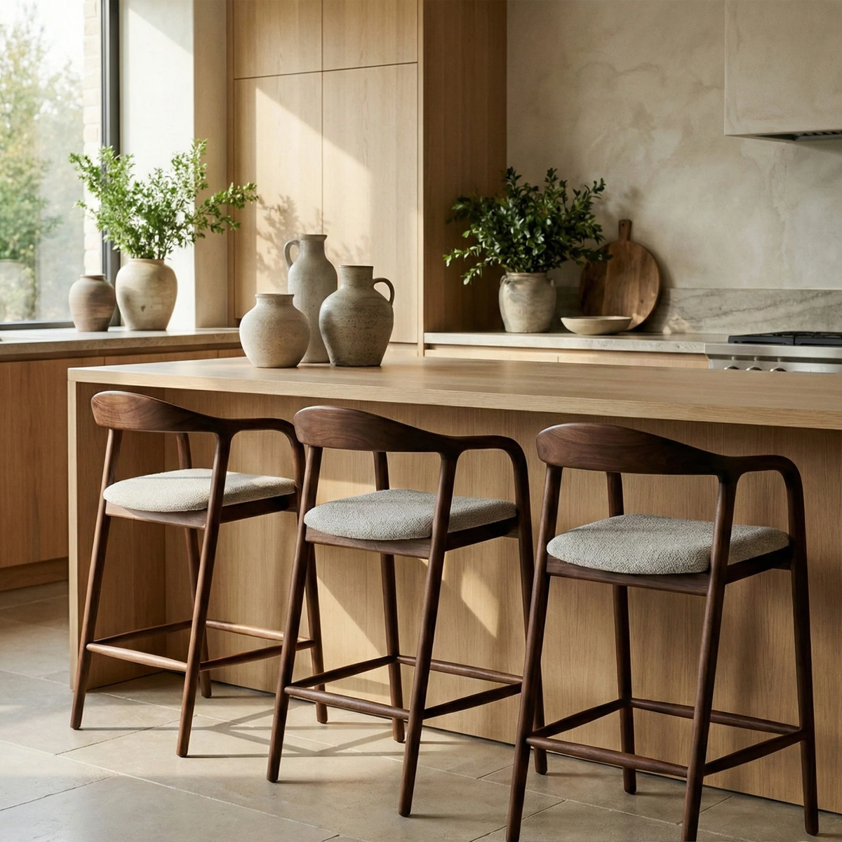 Tressa Walnut Bar Stool with Oatmeal Boucle Upholstery
