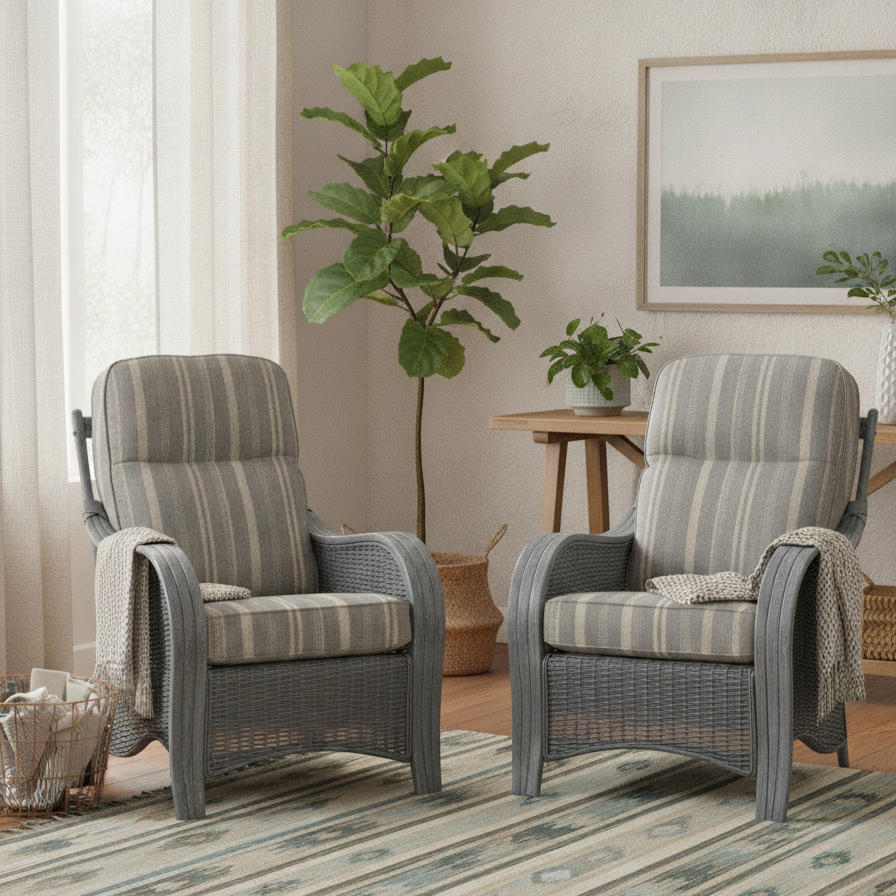 Turin Grey Wash Cane Set of 2 Armchairs in Imperial Dusk Stripe