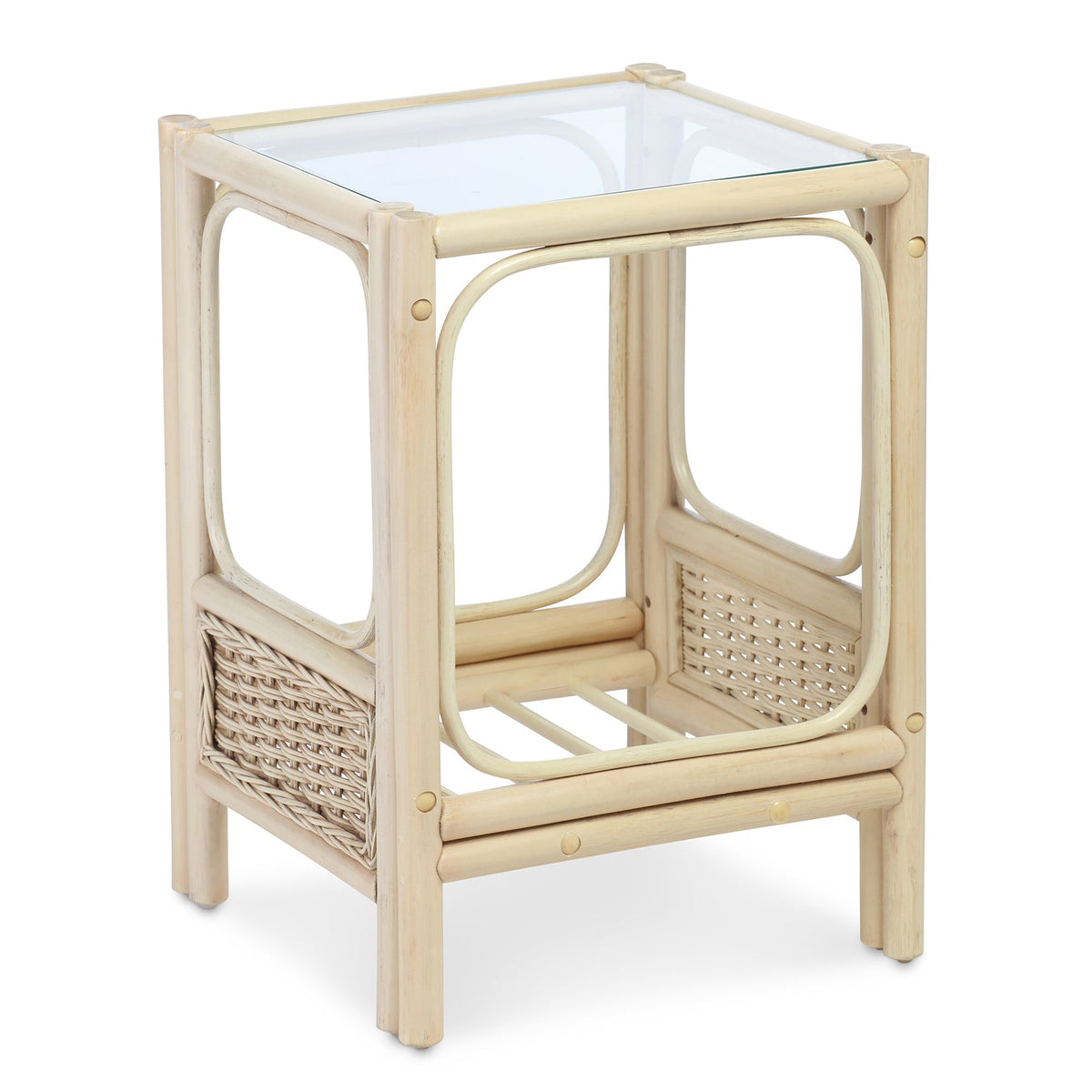 Beige wicker side table with glass top on a white background