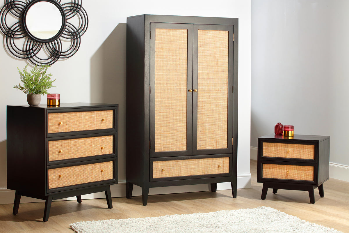 Venice Double Door Wardrobe with Drawer Rattan & Mango Wood in Black