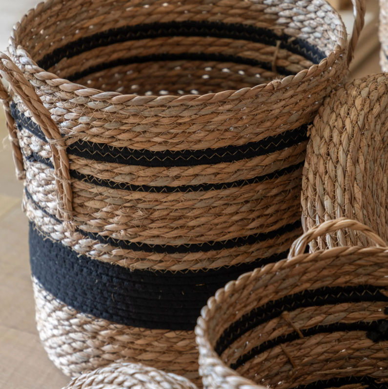 Vitero Linen Basket Nest Black Stripe Set of 3
