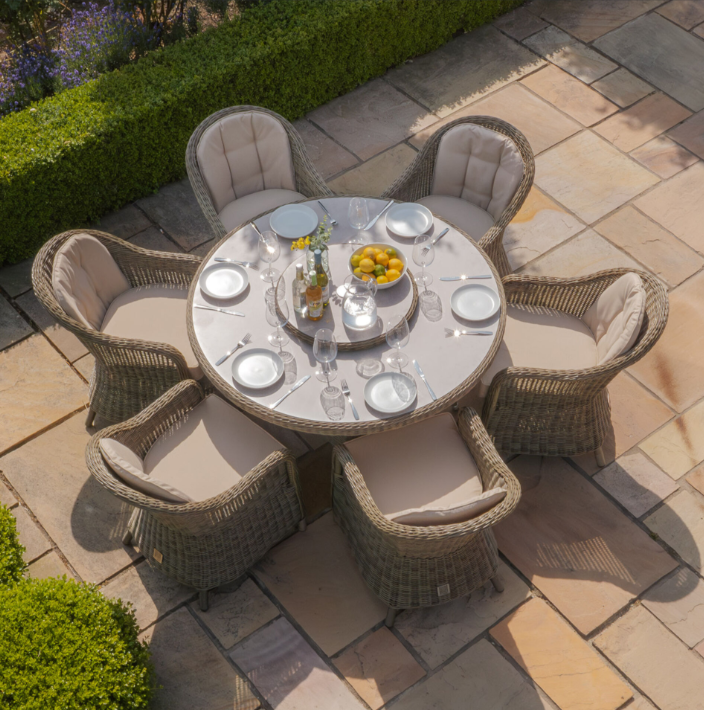 Windemere 6 Seat Round Dining Set With Heritage Chairs & Lazy Susan (Ceramic Glass)