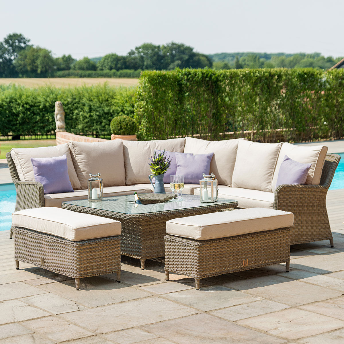 windemere outdoor rattan corner sofa bench set with adjustable table