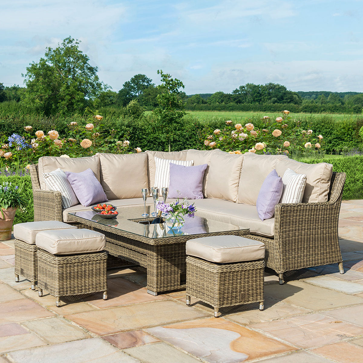 windemere outdoor rattan lounge/dining corner sofa set with adjustable table & ice bucket