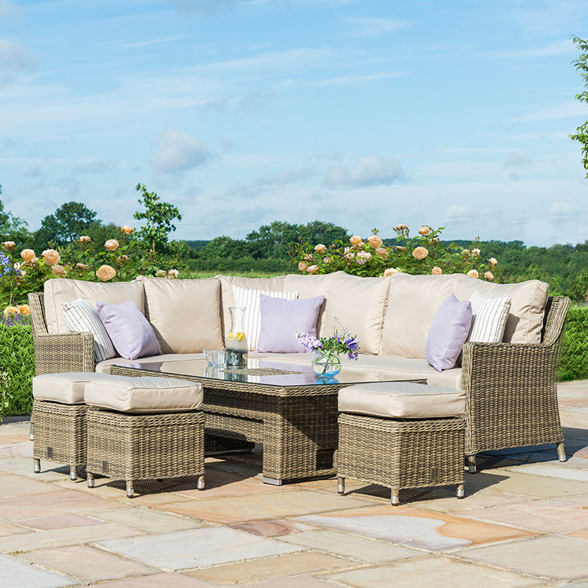 windemere outdoor rattan lounge/dining corner sofa set with adjustable table & ice bucket