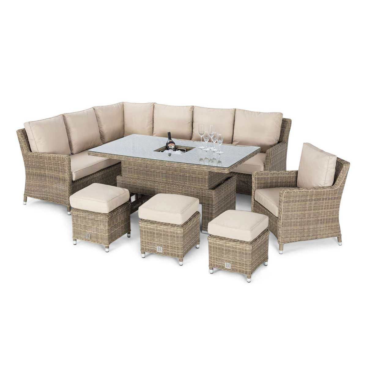 windemere outdoor rattan corner sofa set with adjustable table & ice bucket