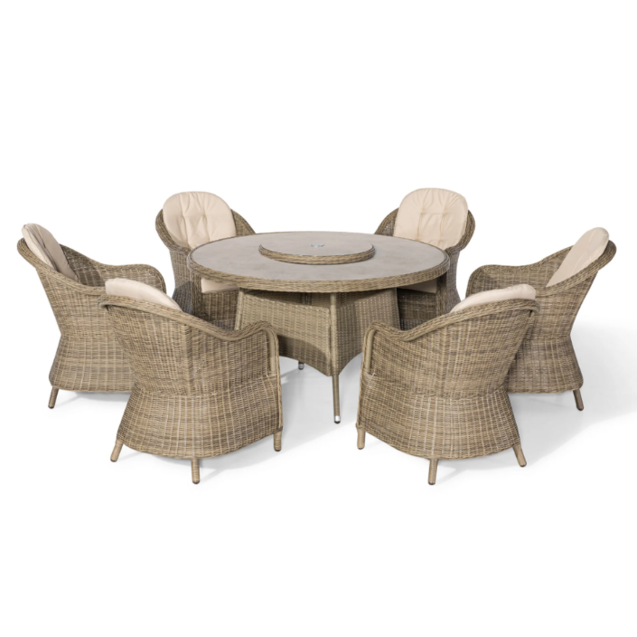 Windemere 6 Seat Round Dining Set With Heritage Chairs & Lazy Susan (Ceramic Glass)