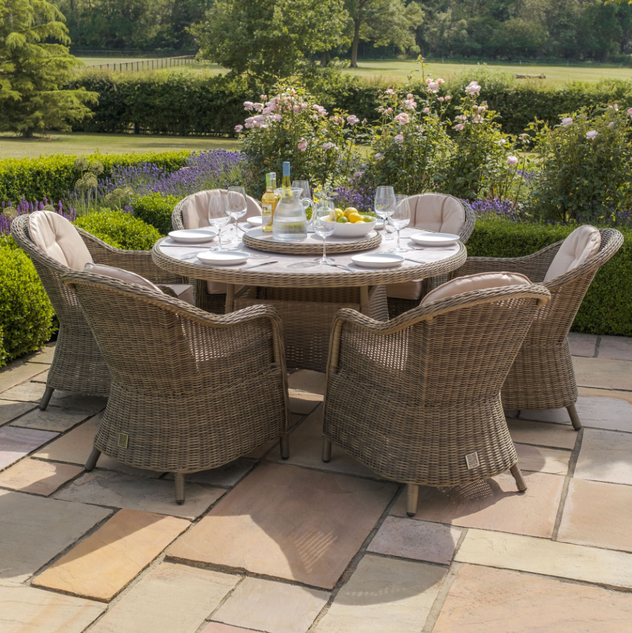 Windemere 6 Seat Round Dining Set With Heritage Chairs & Lazy Susan (Ceramic Glass)
