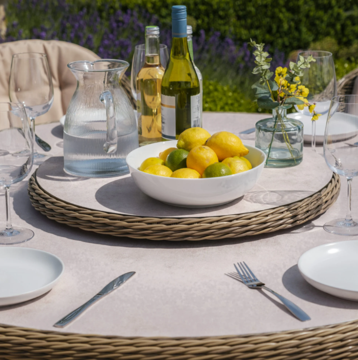 Windemere 6 Seat Round Dining Set With Heritage Chairs & Lazy Susan (Ceramic Glass)