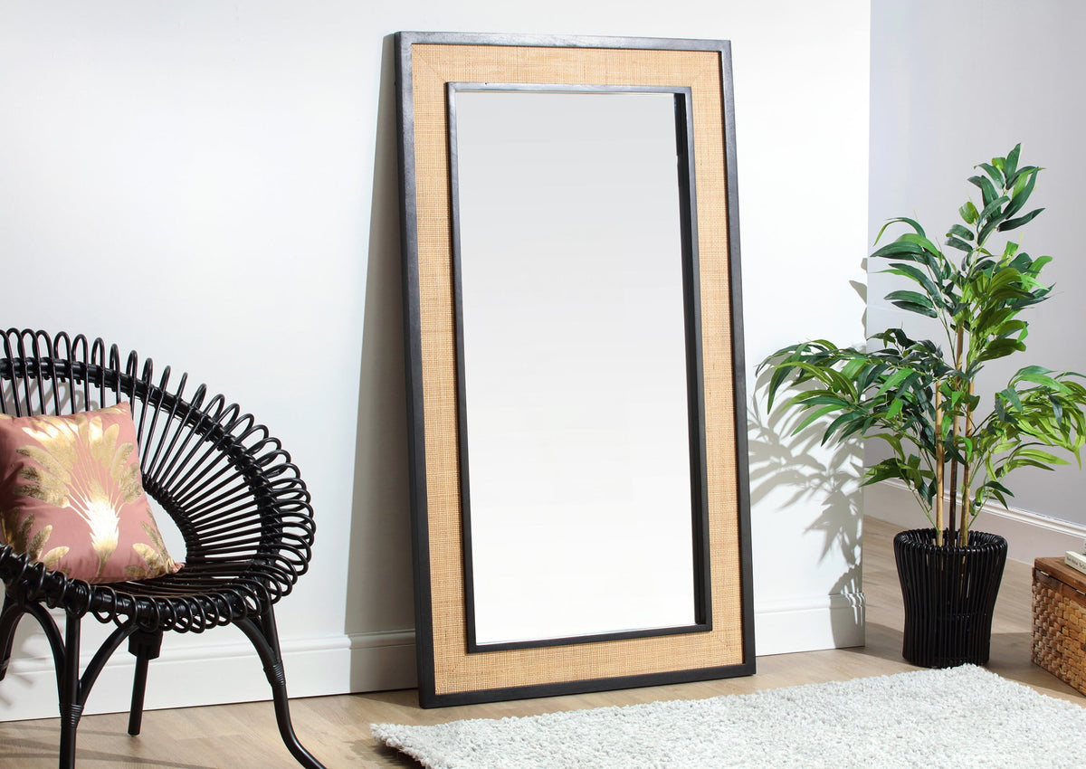 rattan mango wood wall mirror black web