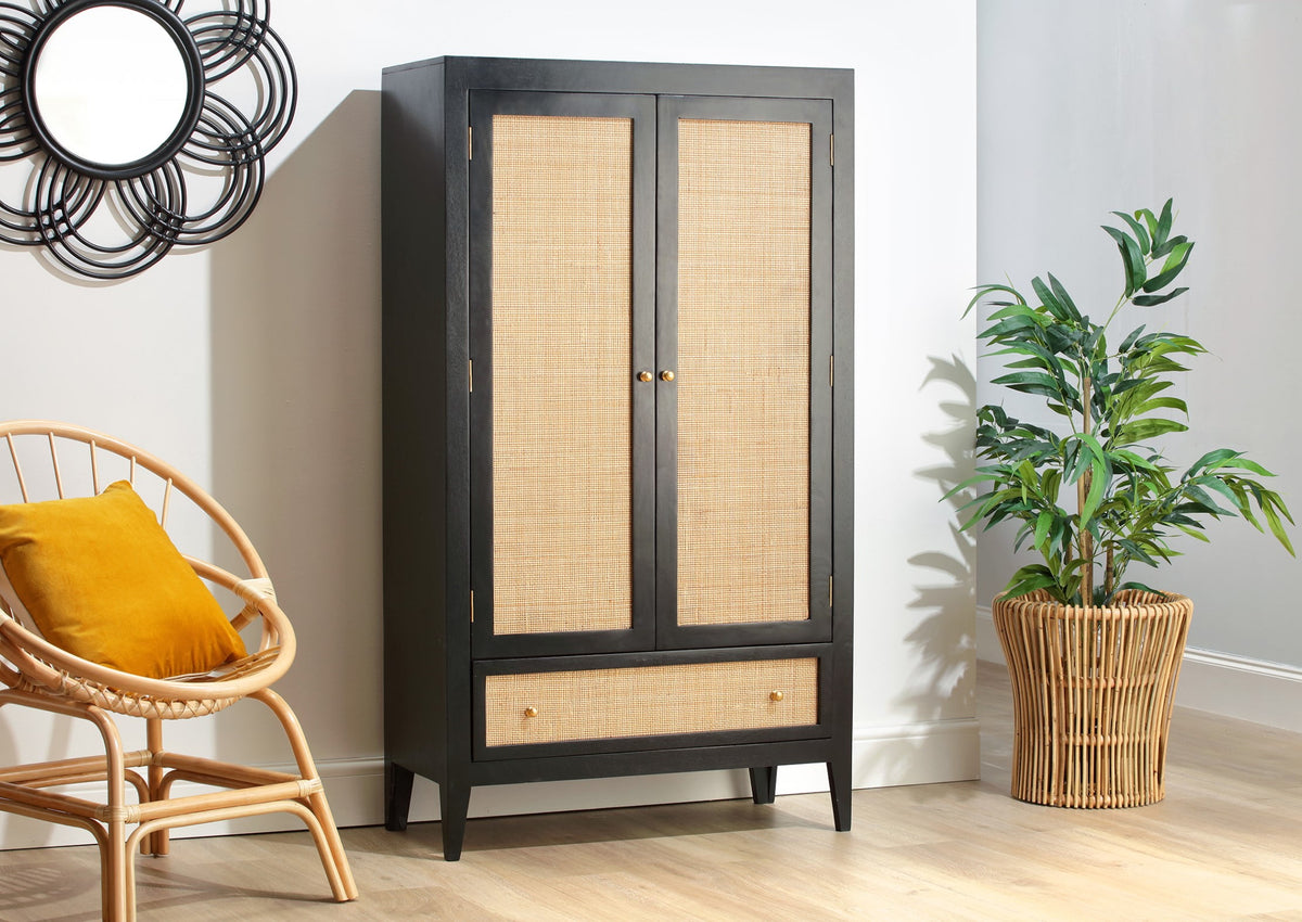 Rattan mango wood wardrobe black