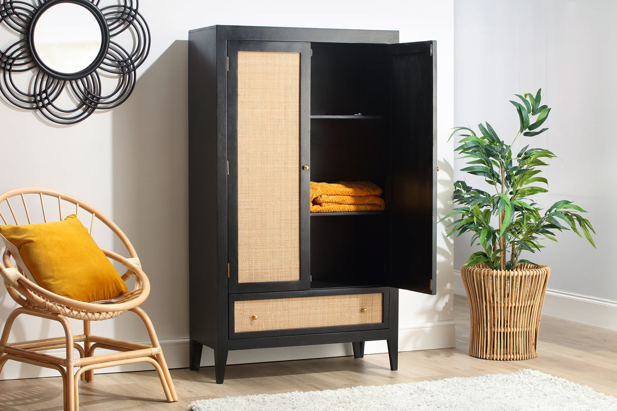 Venice Double Door Wardrobe with Drawer Rattan & Mango Wood in Black