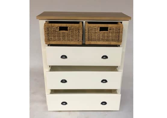 White Chest of Drawers with 2 x Rattan Baskets