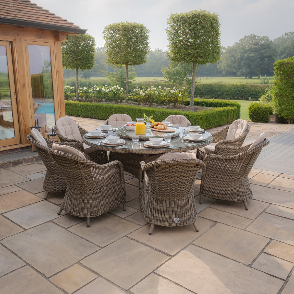 Windemere Outdoor Rattan 8 Seat Dining Set Round Table with Lazy Susan
