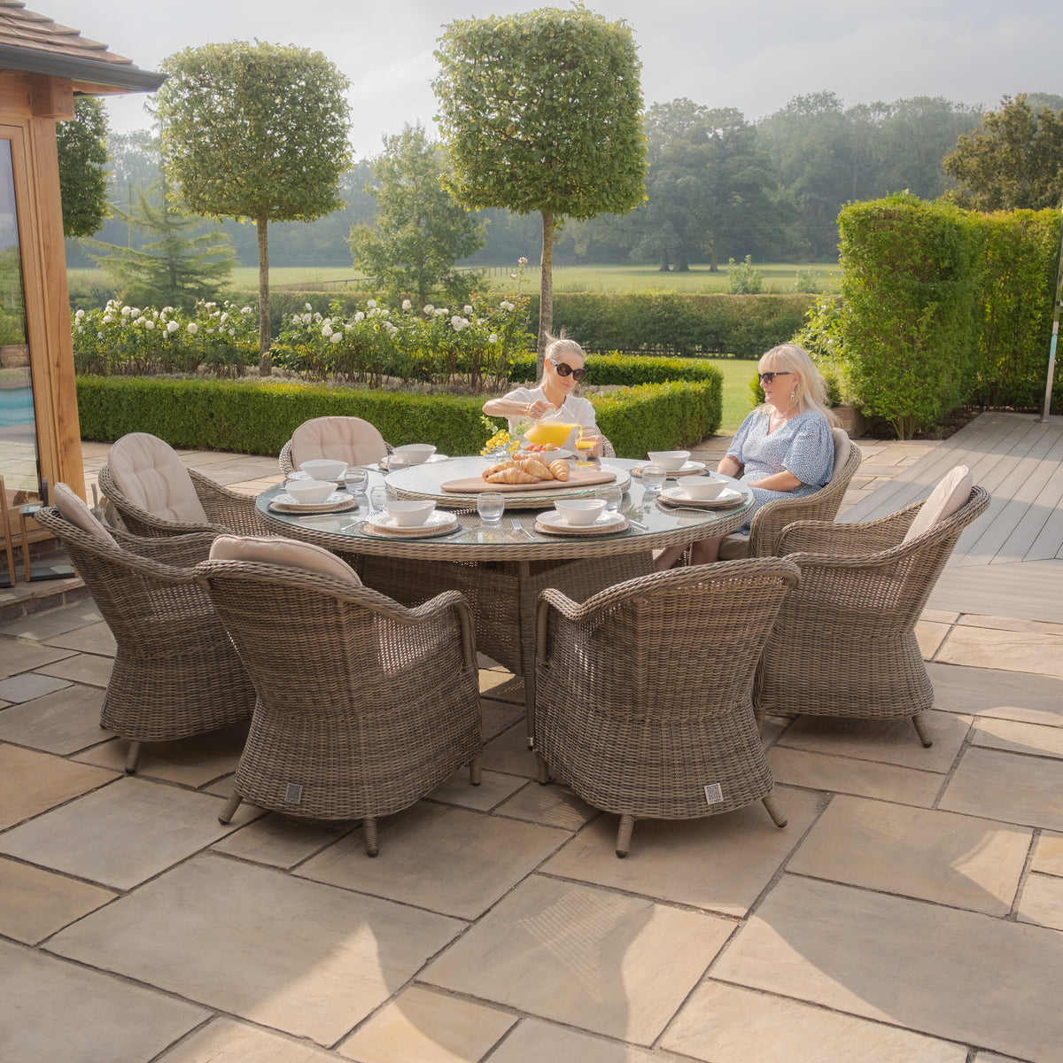 Windemere Outdoor Rattan 8 Seat Dining Set Round Table with Lazy Susan