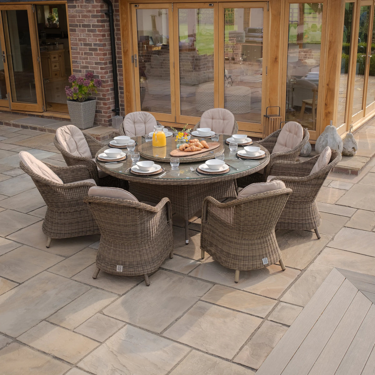 Windemere Outdoor Rattan 8 Seat Dining Set Round Table with Lazy Susan