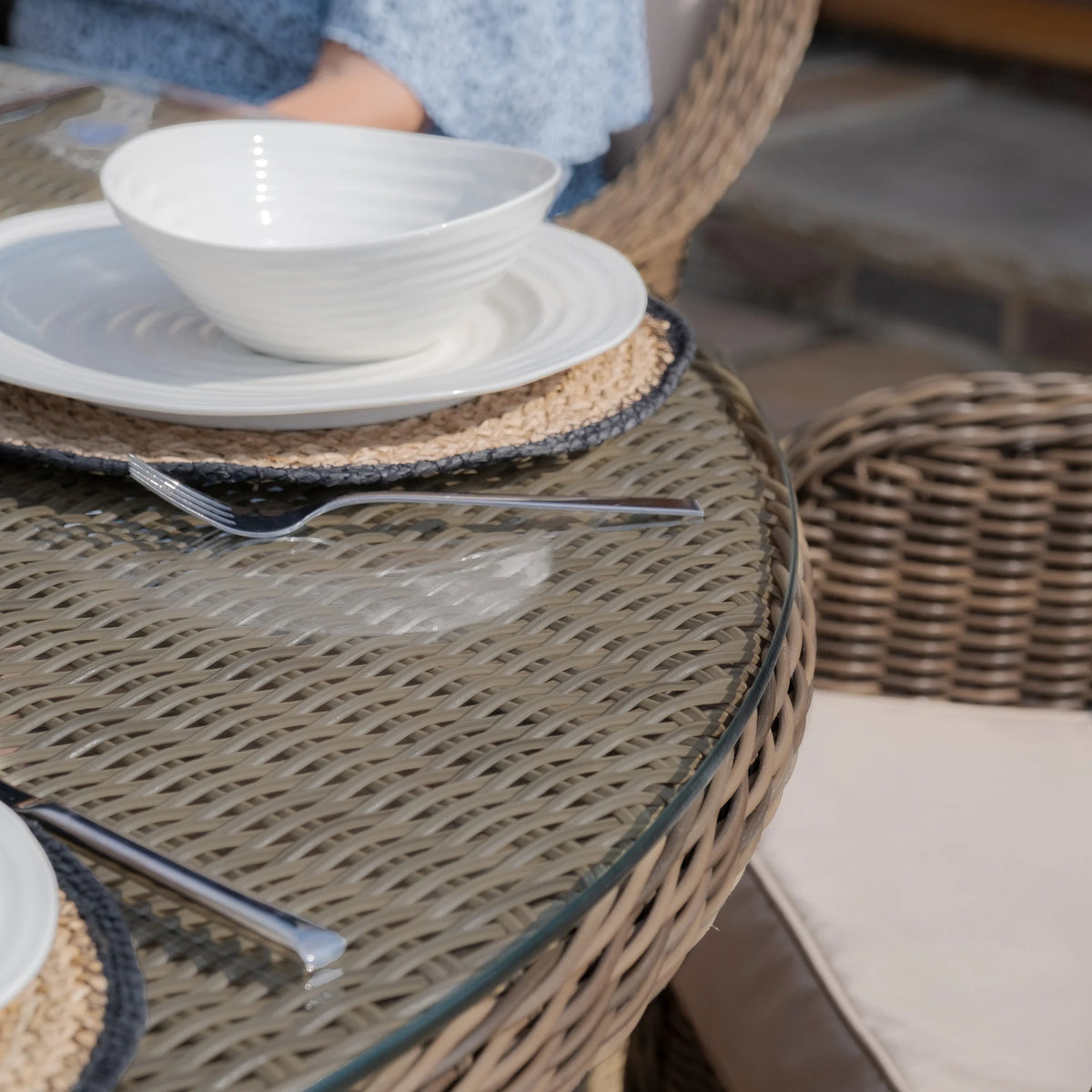 Windemere Outdoor Rattan 6 Seat Dining Set Round Table with Lazy Susan