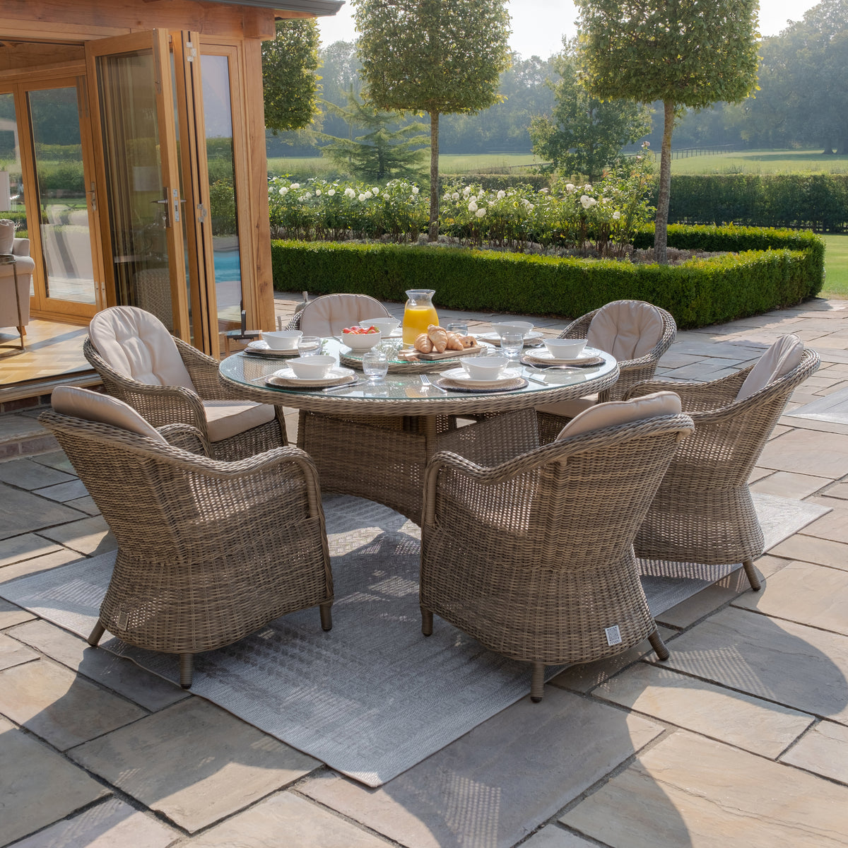 Windemere Outdoor Rattan 6 Seat Dining Set Round Table with Lazy Susan