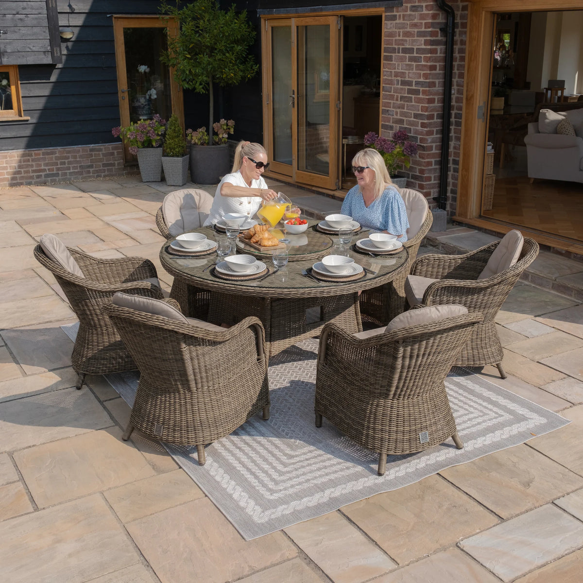 Windemere Outdoor Rattan 6 Seat Dining Set Round Table with Lazy Susan