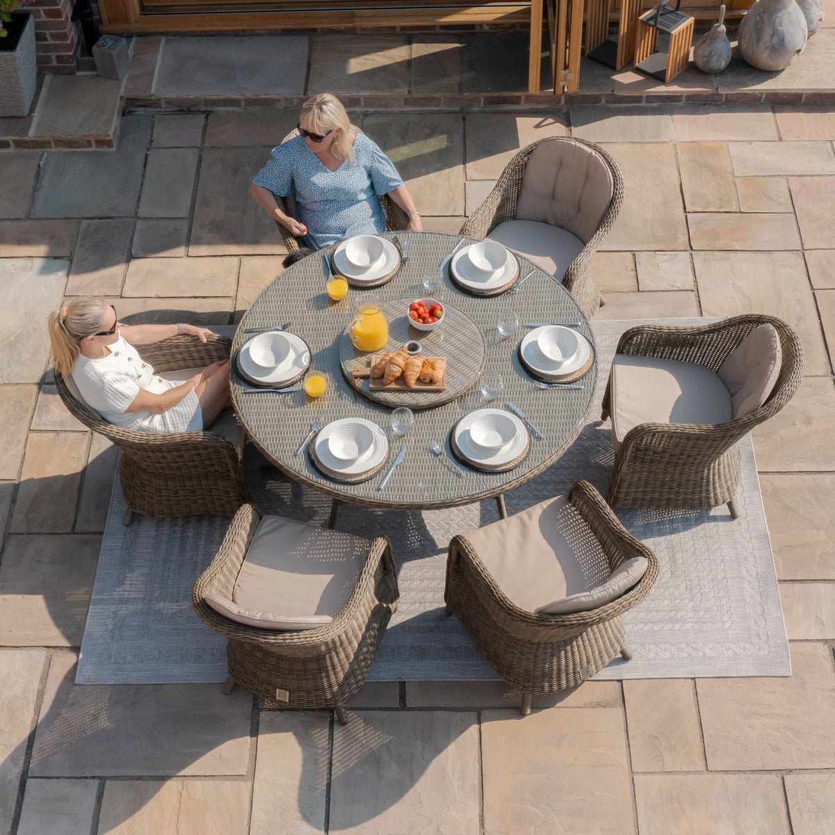 Windemere Outdoor Rattan 6 Seat Dining Set Round Table with Lazy Susan