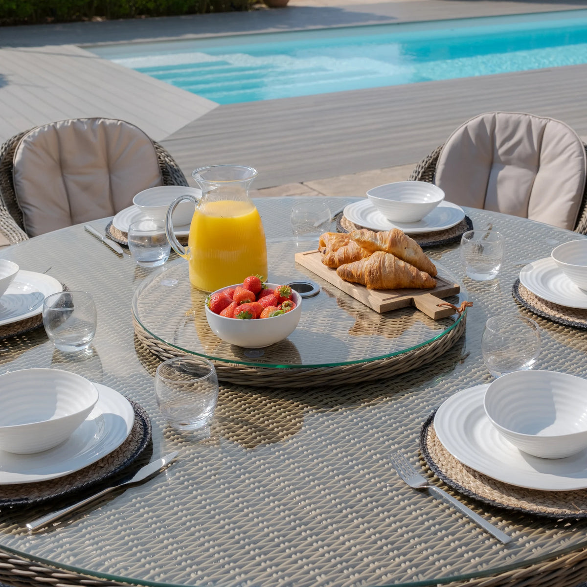 Windemere Outdoor Rattan 6 Seat Dining Set Round Table with Lazy Susan