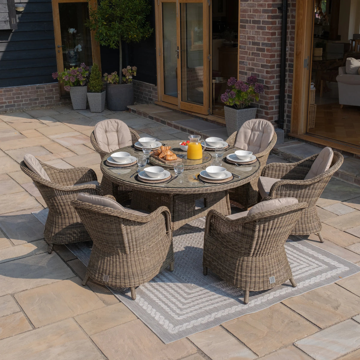 Windemere Outdoor Rattan 6 Seat Dining Set Round Table with Lazy Susan