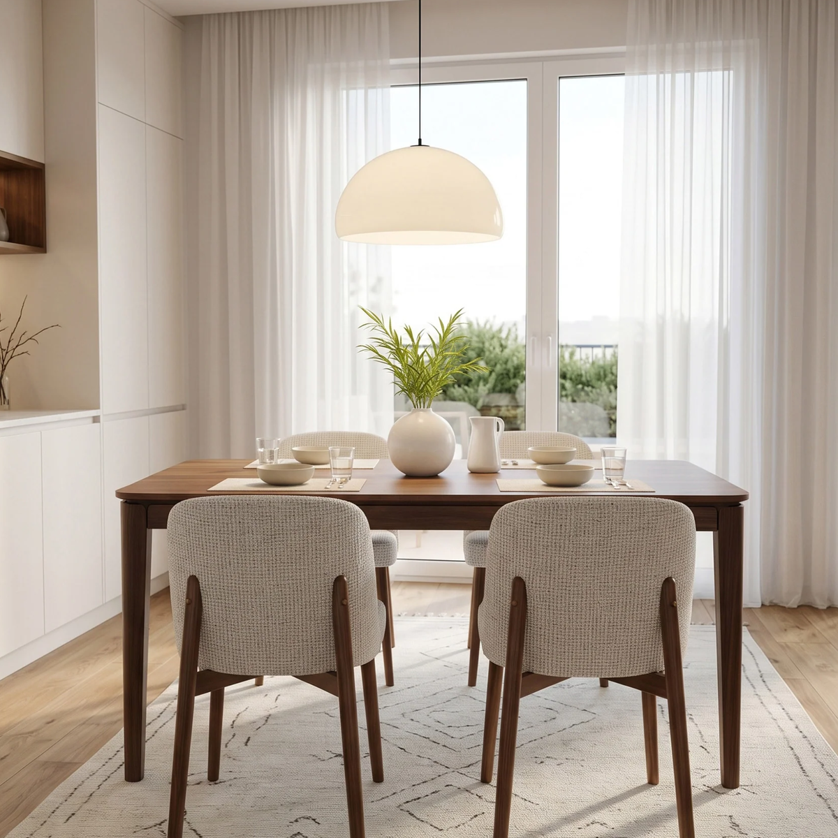 Woodrow 1.5m Walnut Dining Set – Tapered Leg Table with 4 Divino Oatmeal Boucle Chairs