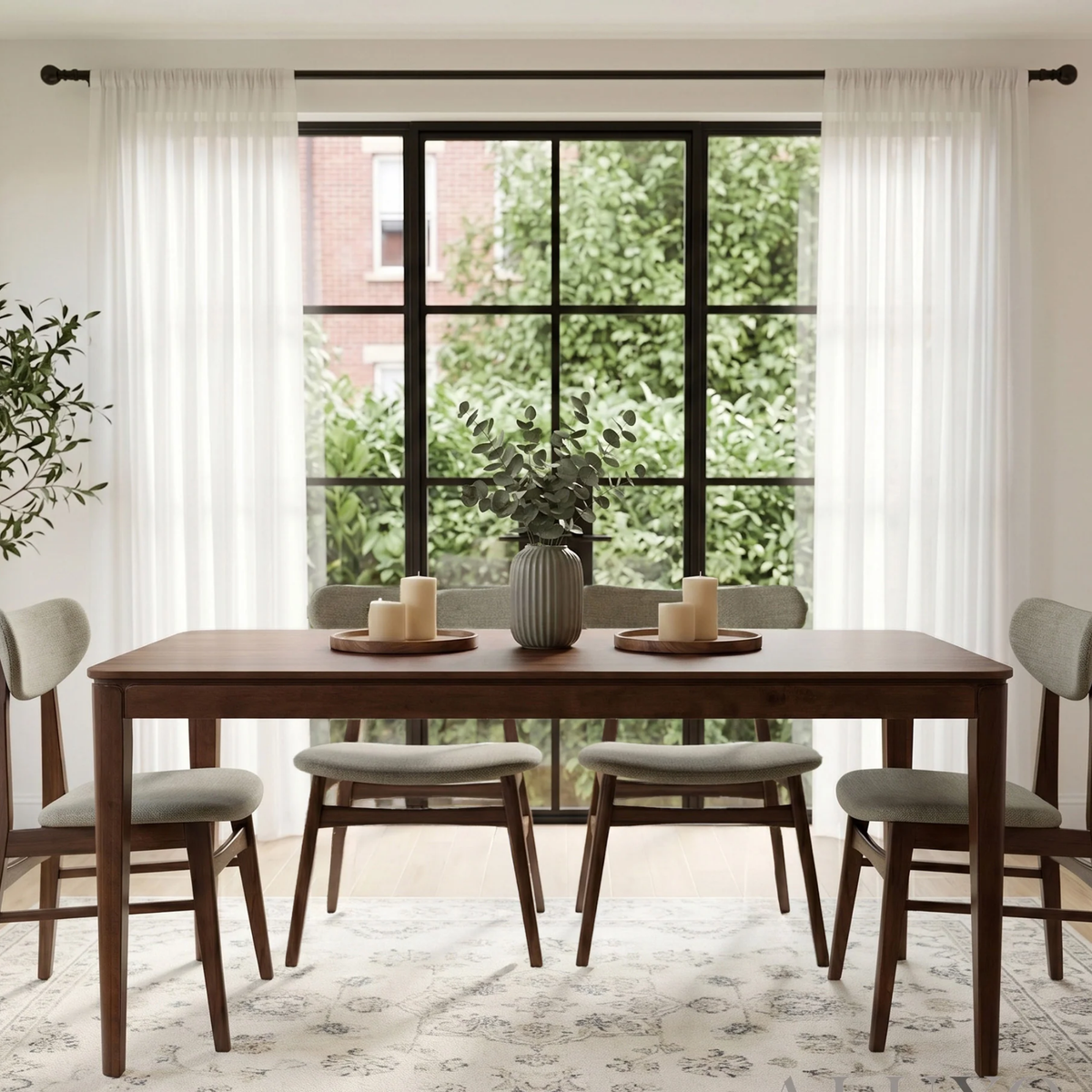 Woodrow 1.5m Walnut Dining Set – Tapered Leg Table with 4 Orlando Oatmeal Boucle Chairs