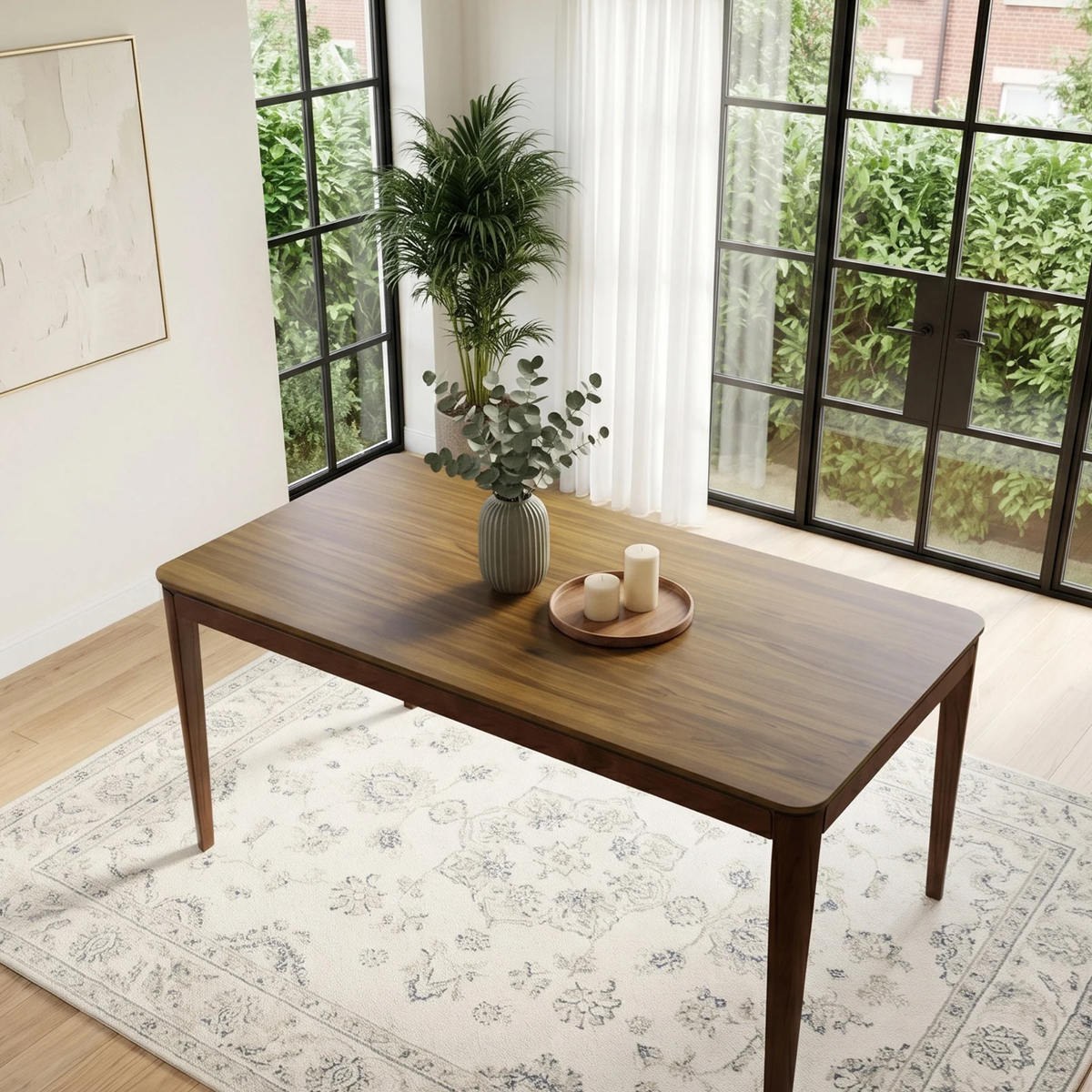 Woodrow 1.5m Walnut Dining Set – Tapered Leg Table with 4 Orlando Oatmeal Boucle Chairs