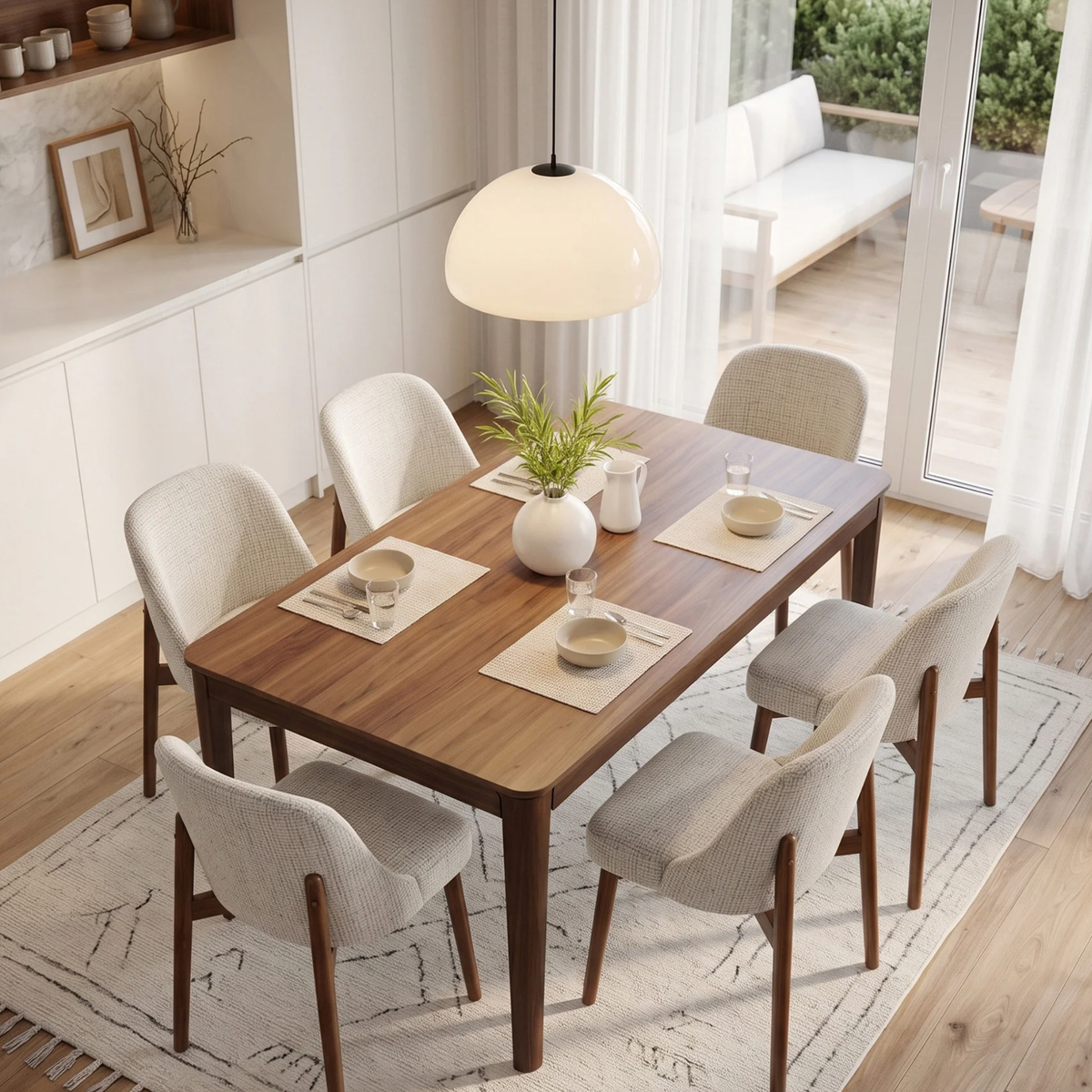 Woodrow 1.5m Walnut Dining Set – Tapered Leg Table with 6 Divino Oatmeal Boucle Chairs
