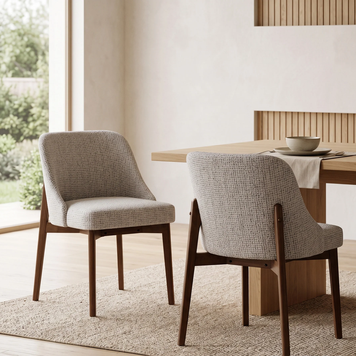Woodrow 1.5m Walnut Dining Set – Tapered Leg Table with 6 Divino Oatmeal Boucle Chairs