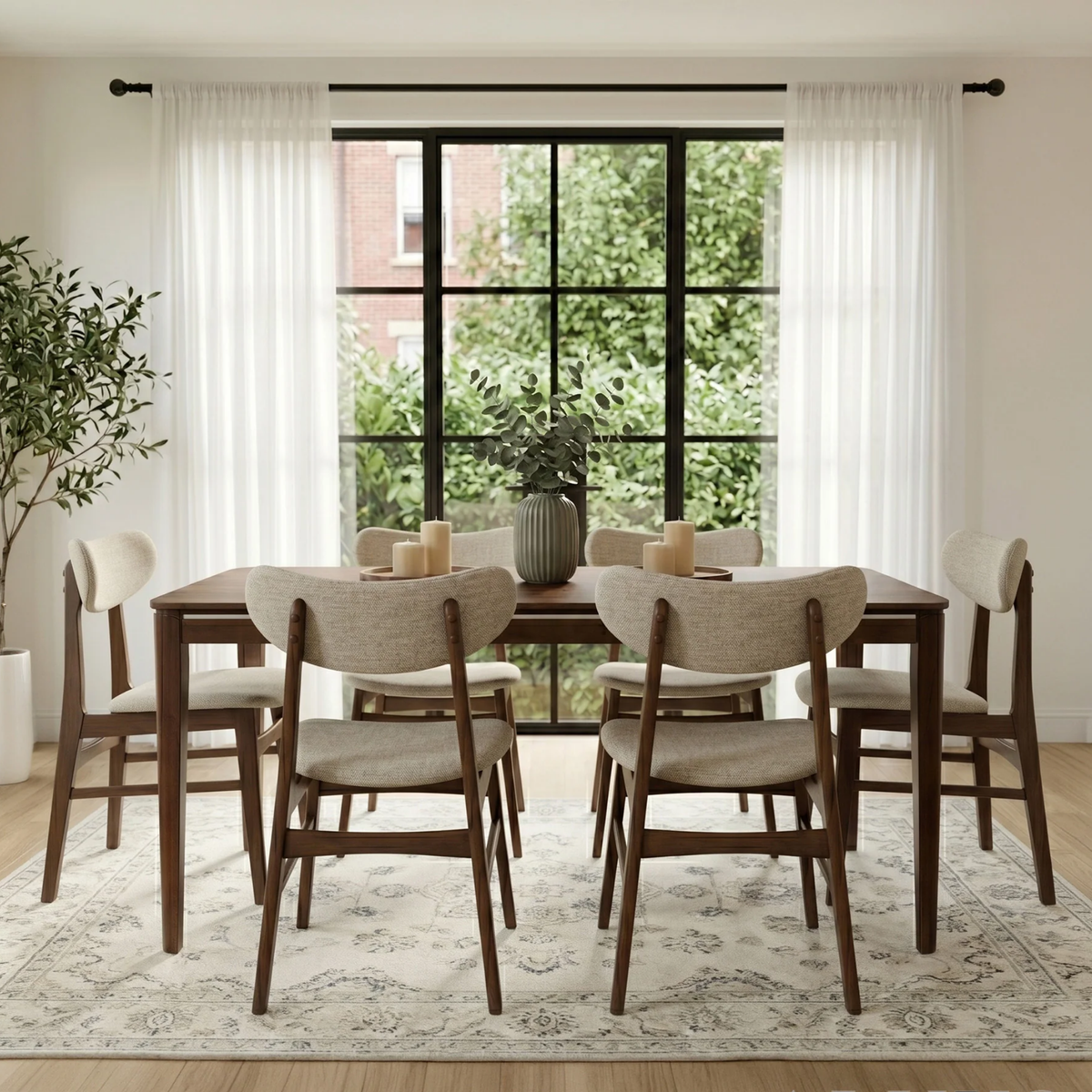 Woodrow 1.5m Walnut Dining Set – Tapered Leg Table with 6 Orlando Oatmeal Boucle Chairs