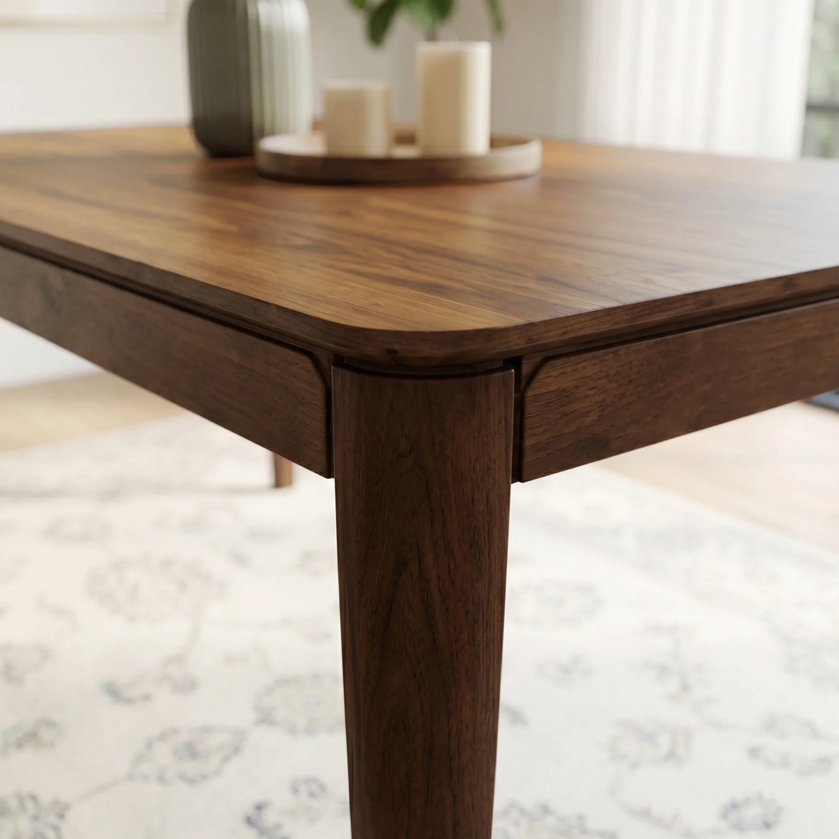 Woodrow 1.5m Walnut Dining Set – Tapered Leg Table with 6 Orlando Oatmeal Boucle Chairs