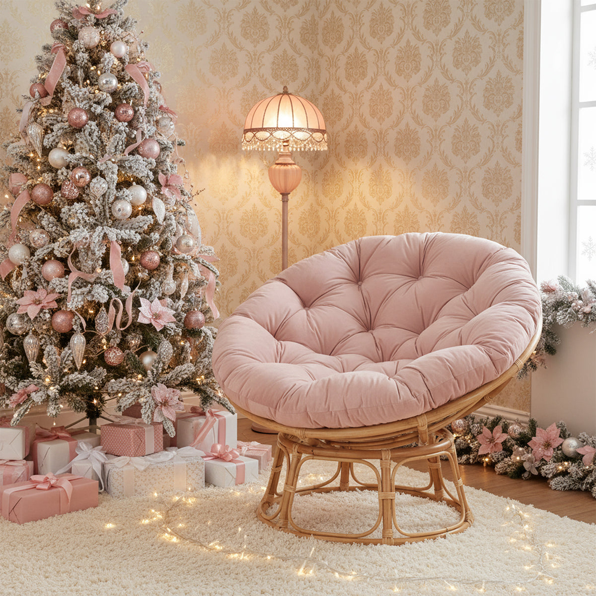 Natural Rattan Papasan Chair - Boucle Powder Pink