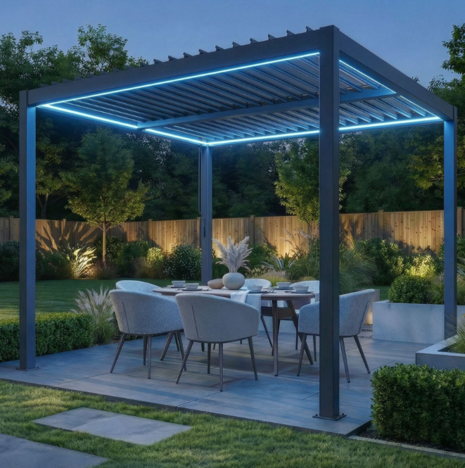 Coral 3x3m Pergoal with Drop Sides & LED Lighting- Grey Frame