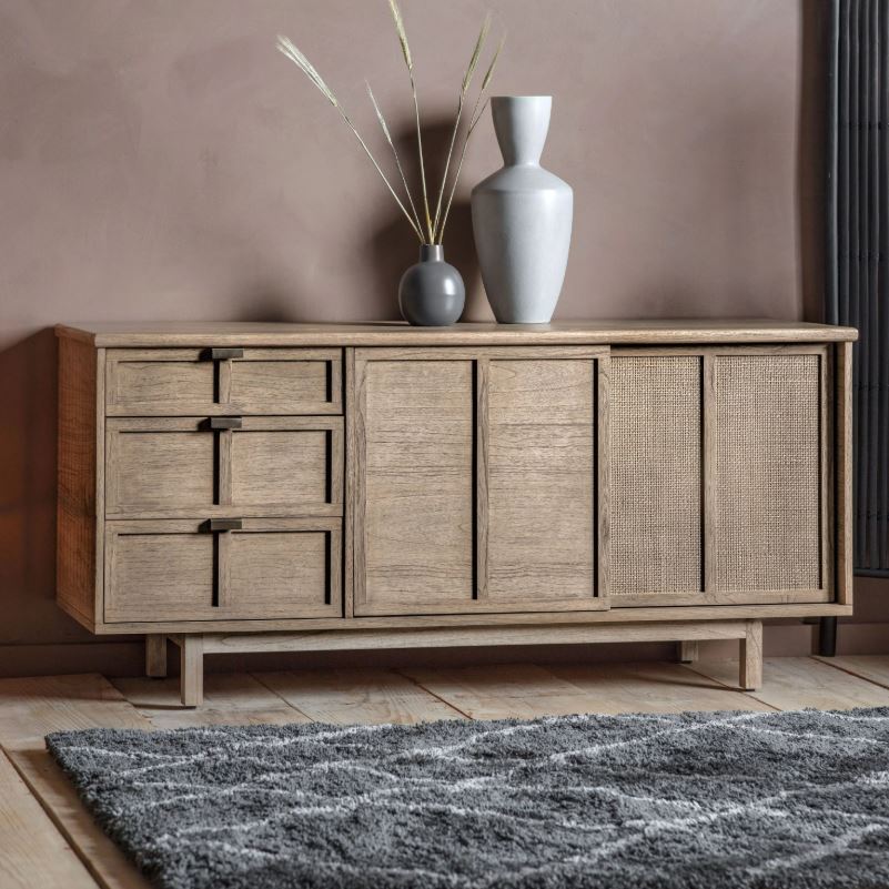 Kyrono Rattan & Wood 3 Drawer 2 Door Sideboard Cabinet