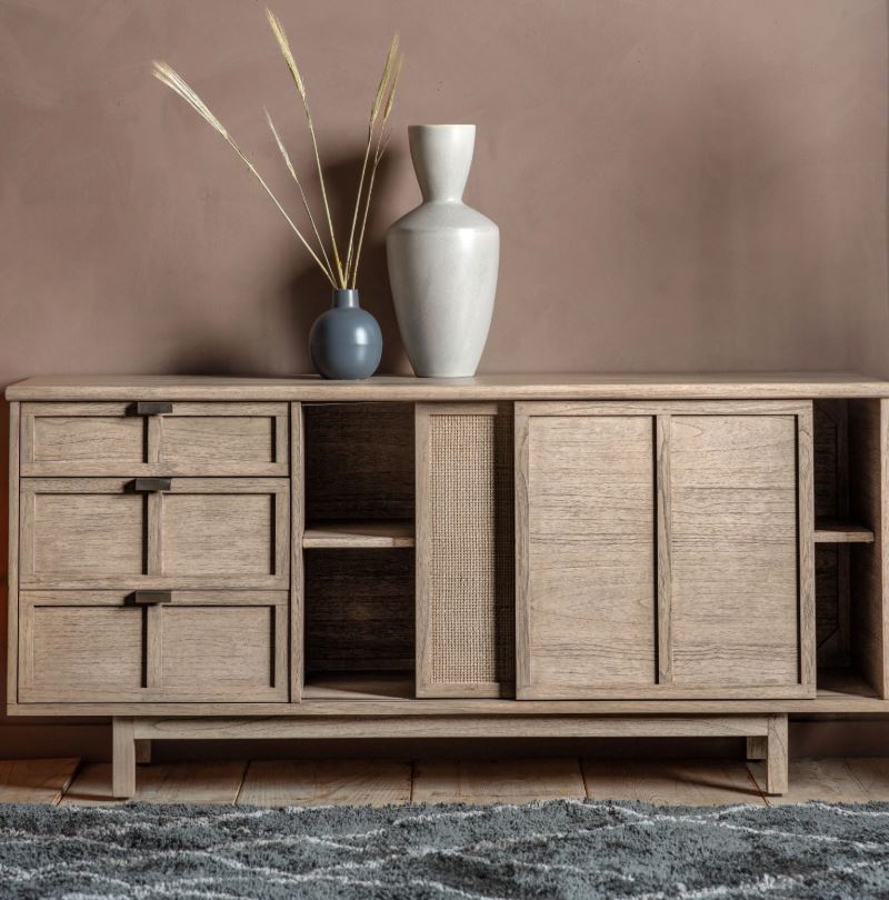Kyrono Rattan & Wood 3 Drawer 2 Door Sideboard Cabinet
