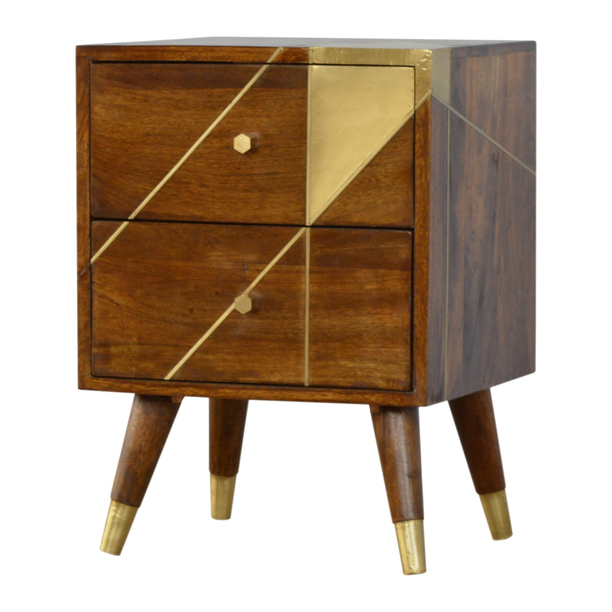 2 Drawer Mango Wood Gold Geometric Chestnut Bedside Table