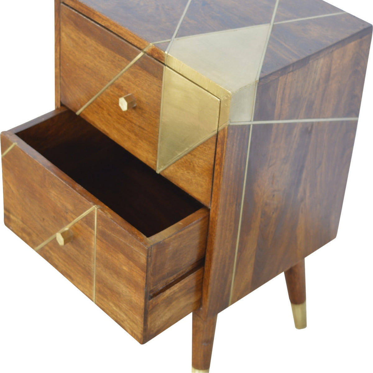 2 Drawer Mango Wood Gold Geometric Chestnut Bedside Table