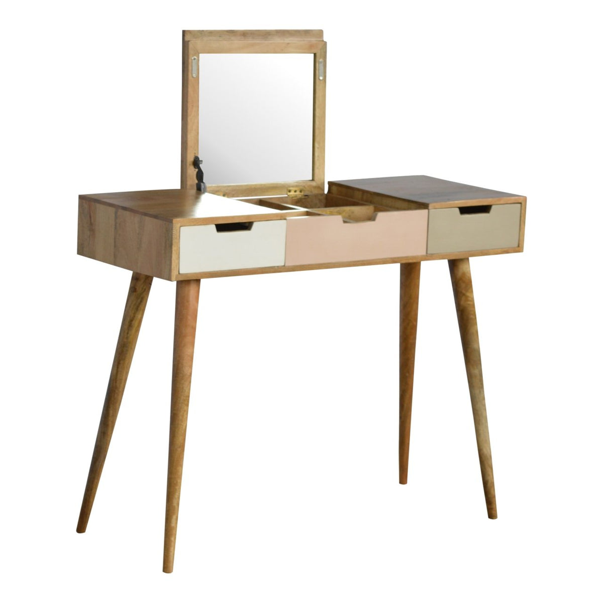 Pink Gradient Mango Wood Dressing Table with Foldable Mirror