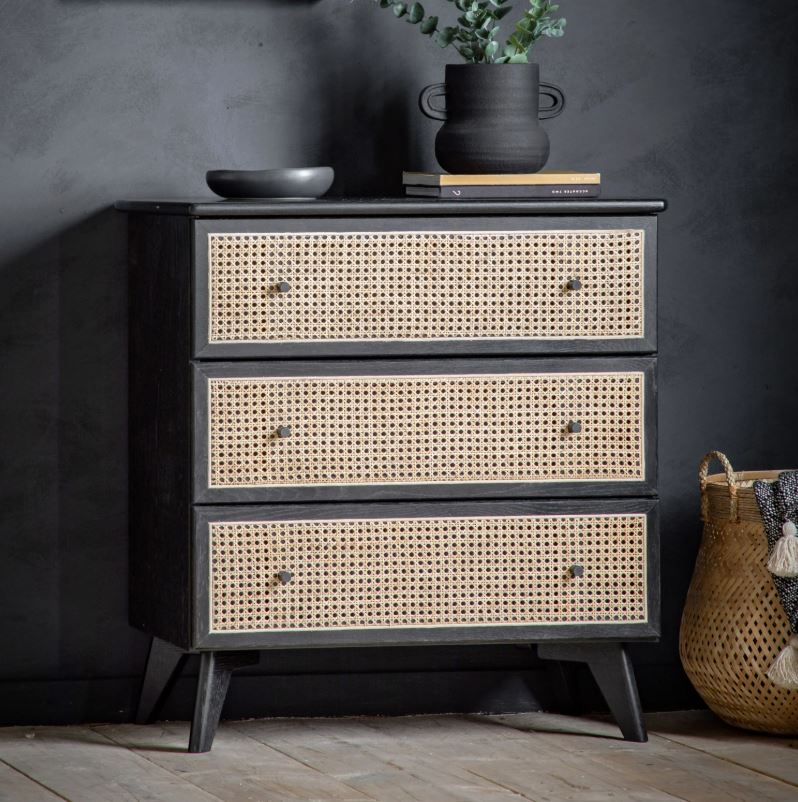 Semp Rattan Black 3 Drawer Chest with Oak Frame