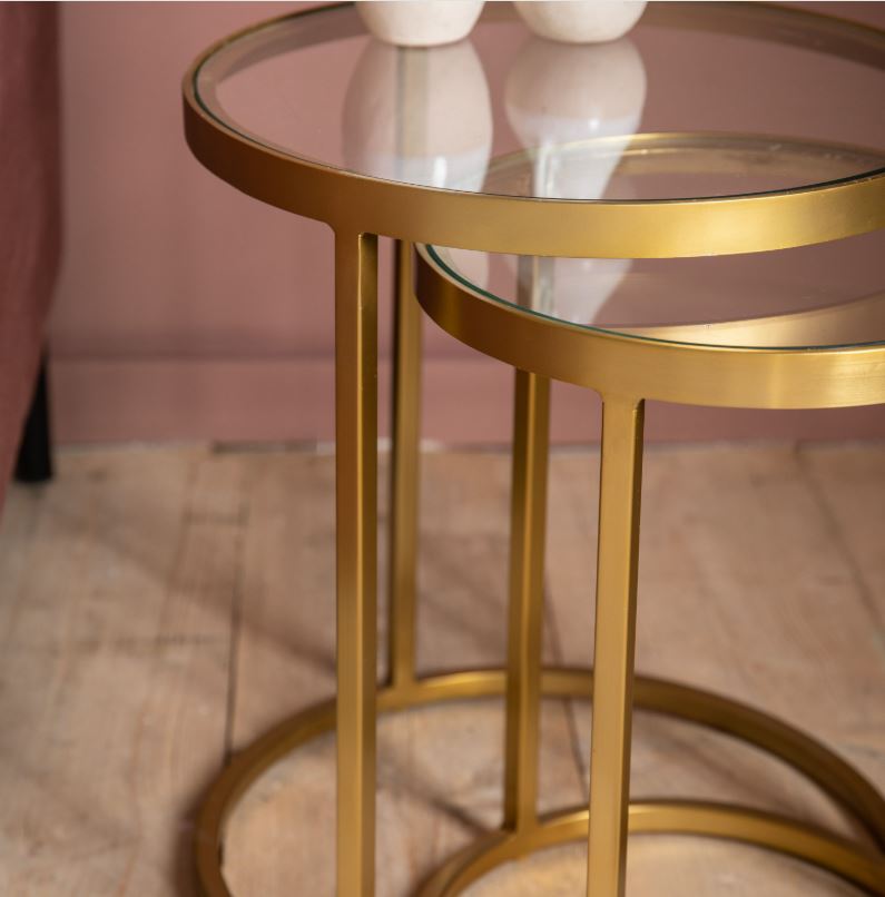 Moet Gold Nest of Two Tables with Glass Top & Iron Legs