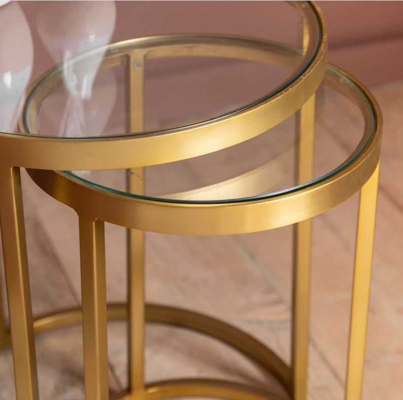 Moet Gold Nest of Two Tables with Glass Top & Iron Legs