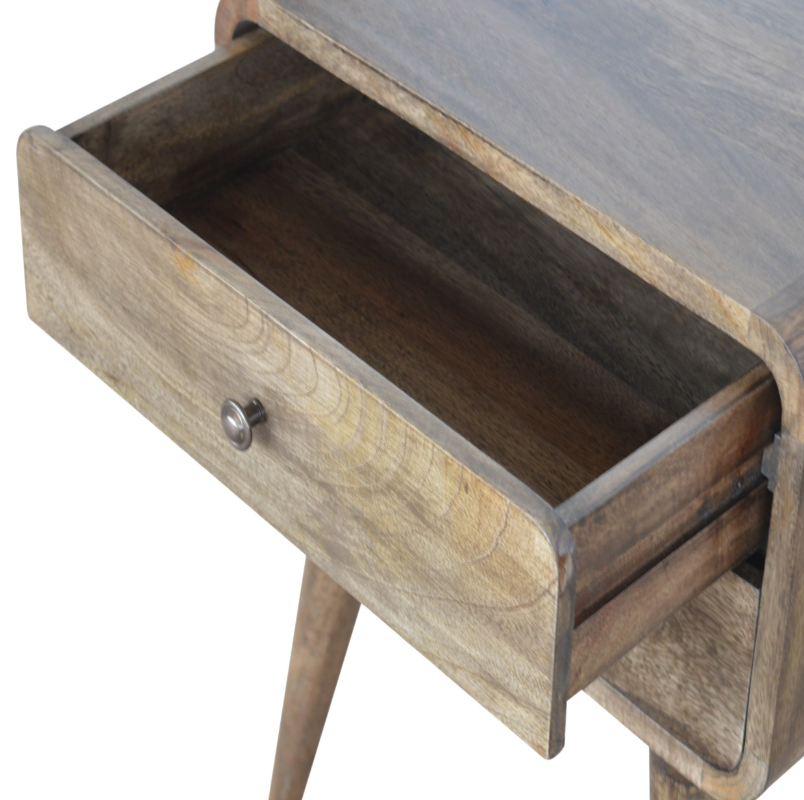 Curved Classic Grey Washed Mango Wood Bedside Table