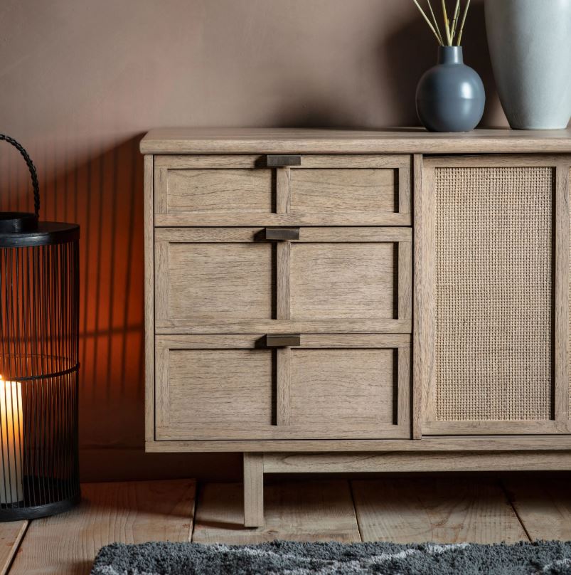 Kyrono Rattan & Wood 3 Drawer 2 Door Sideboard Cabinet