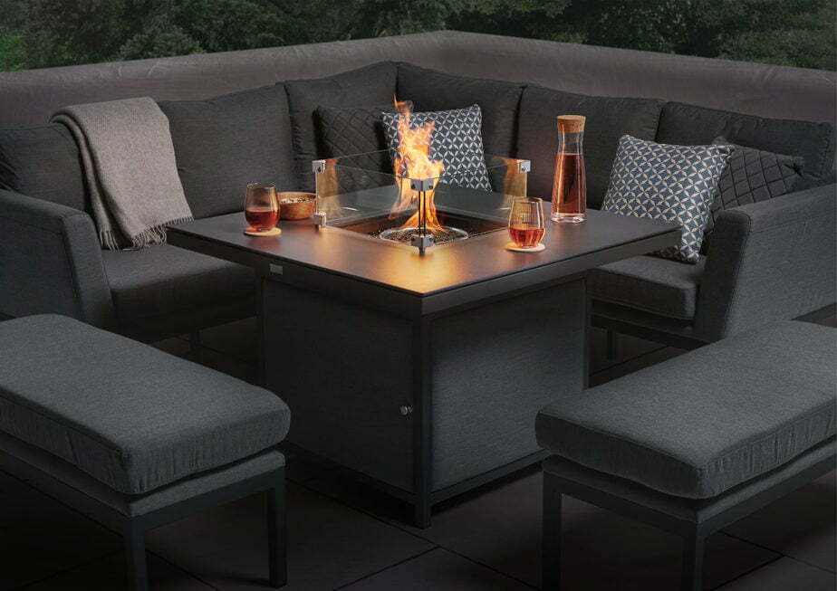 Aruba Corner Casual Dining Set with Square Fire Pit Table | Desser & Co